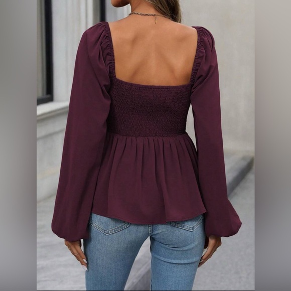 Franclia Pleated Lantern Sleeve Square Neck Cinched Waist Shirt,Peplum Top - Picture 2 of 4